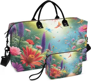 Flower Garden Cyan Sports Gym Bag for Women Men Travel Duffel Bag Weekend Overnight Carry on Bag with Toiletry Bag Hospital Bag for Plane Hospital Workout Swimming Yoga
