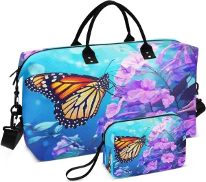 Flowers Monarch Butterfly Sports Gym Bag for Women Men Travel Duffel Bag Weekend Overnight Carry on Bag with Toiletry Bag Workout Dance Bag for Swimming Yoga Workout Hospital Plane