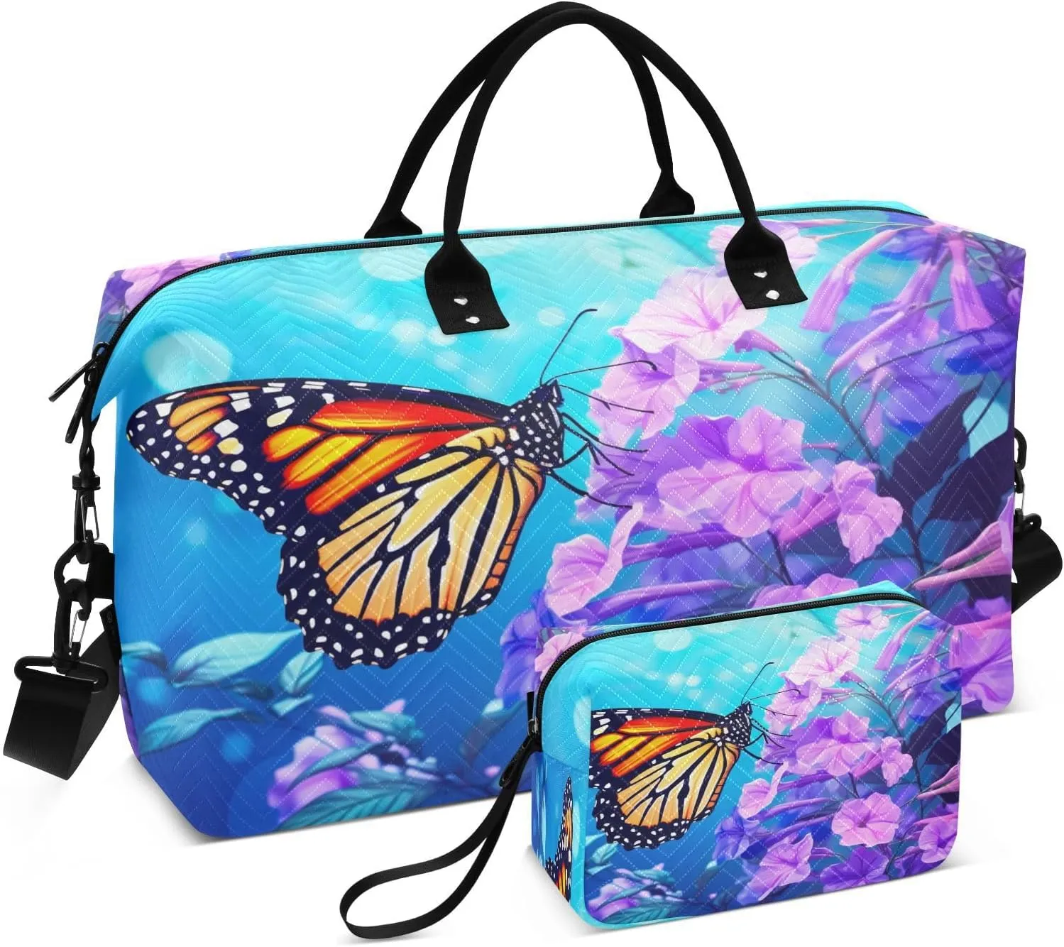 Flowers Monarch Butterfly Sports Gym Bag for Women Men Travel Duffel Bag Weekend Overnight Carry on Bag with Toiletry Bag Workout Dance Bag for Swimming Yoga Workout Hospital Plane