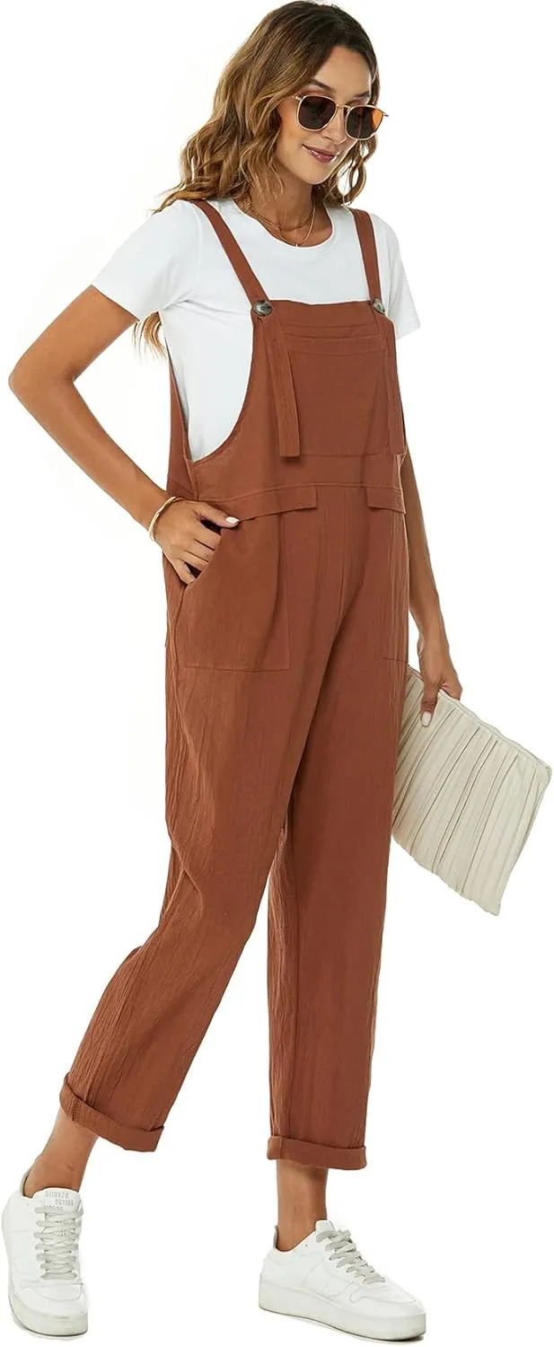 Flygo Womens Overalls Cotton Linen Overalls for Women Loose Fit Harem Wide Leg Jumpsuit with Pockets