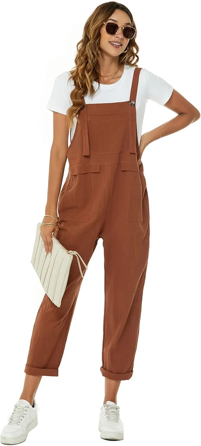 Flygo Womens Overalls Cotton Linen Overalls for Women Loose Fit Harem Wide Leg Jumpsuit with Pockets
