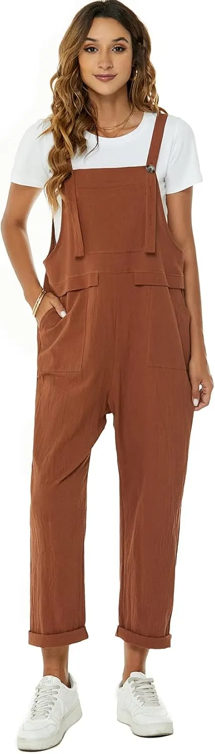 Flygo Womens Overalls Cotton Linen Overalls for Women Loose Fit Harem Wide Leg Jumpsuit with Pockets