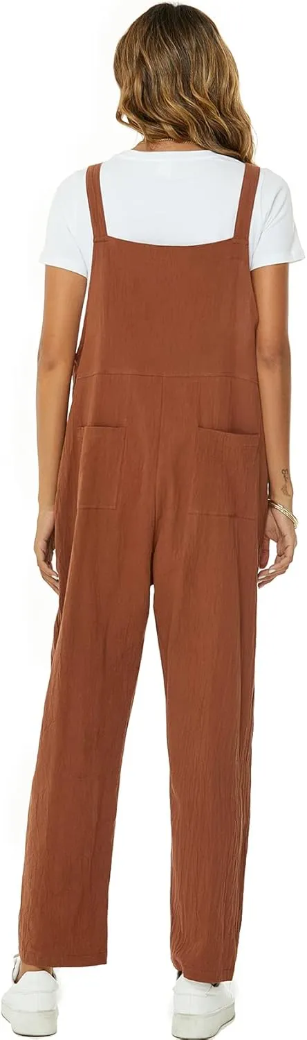 Flygo Womens Overalls Cotton Linen Overalls for Women Loose Fit Harem Wide Leg Jumpsuit with Pockets