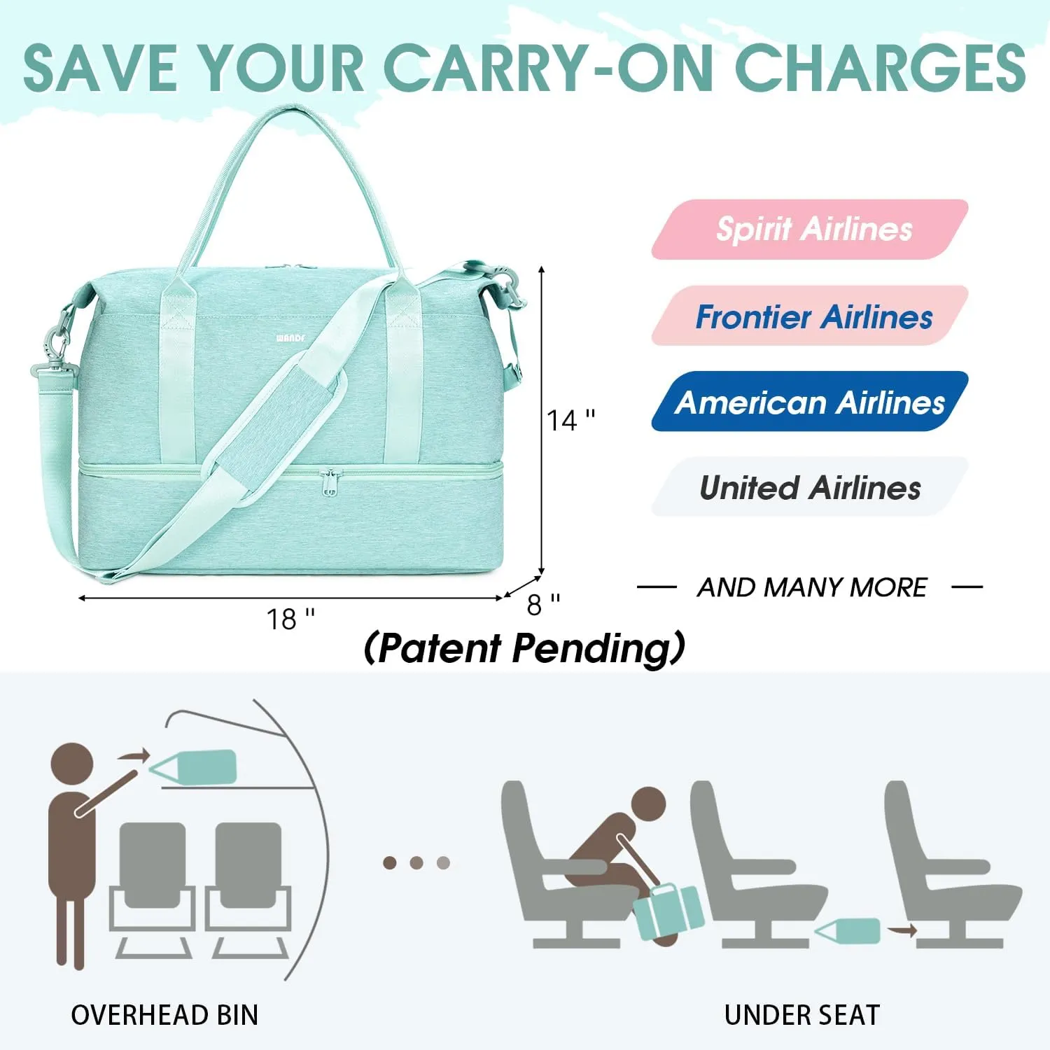 For Spirit Airlines 18x14x8 Personal Item Bag Underseat Carry On Bag with Wet Pocket & Shoe Compartment & USB Charging Port