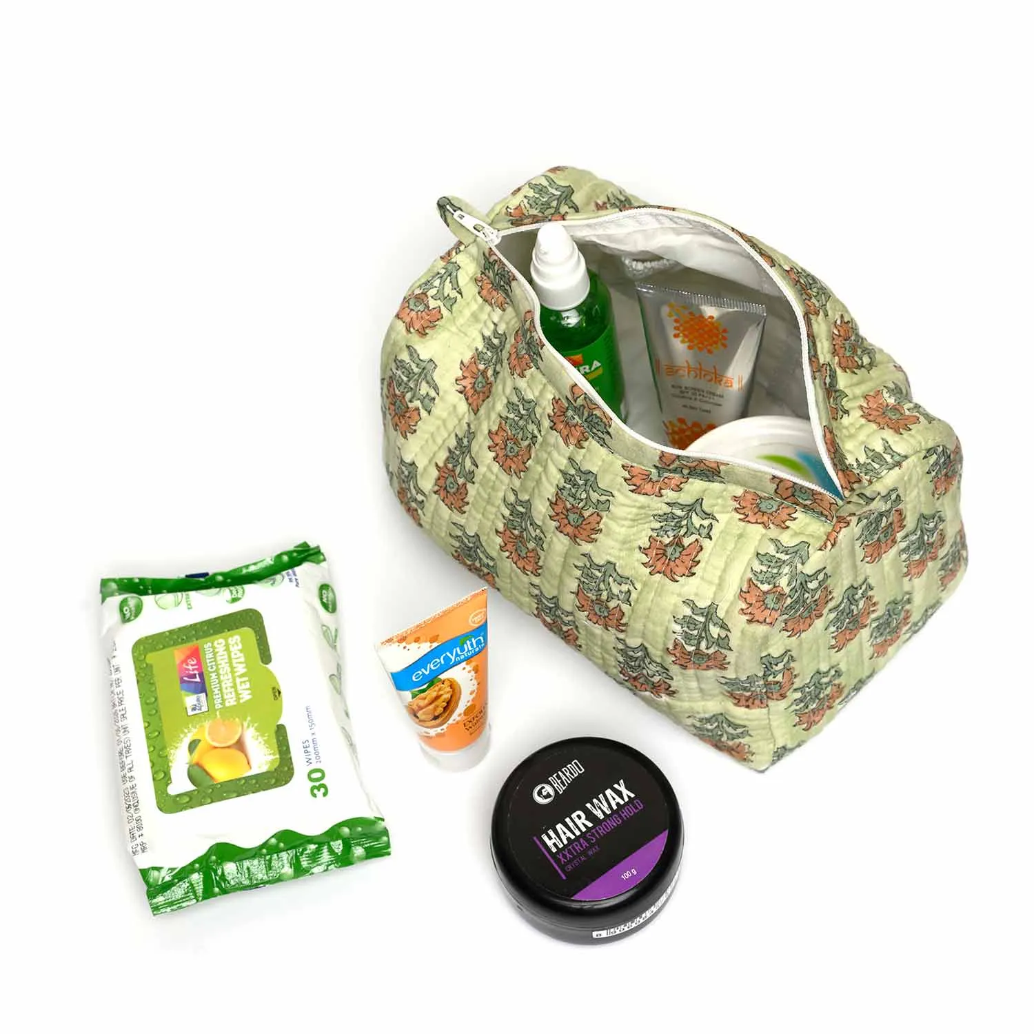 FOREST GHOST GREEN PRINTED QUILTED TOILETRY POUCH