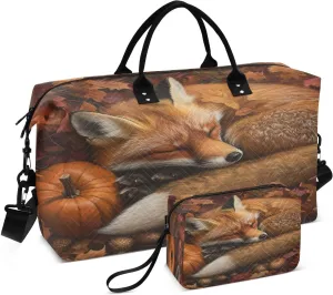 Fox Pumpkin Autumn Brown Sports Gym Bag for Women Men Travel Duffel Bag Weekend Overnight Carry on Bag with Toiletry Bag for Yoga Swimming Hospital Plane