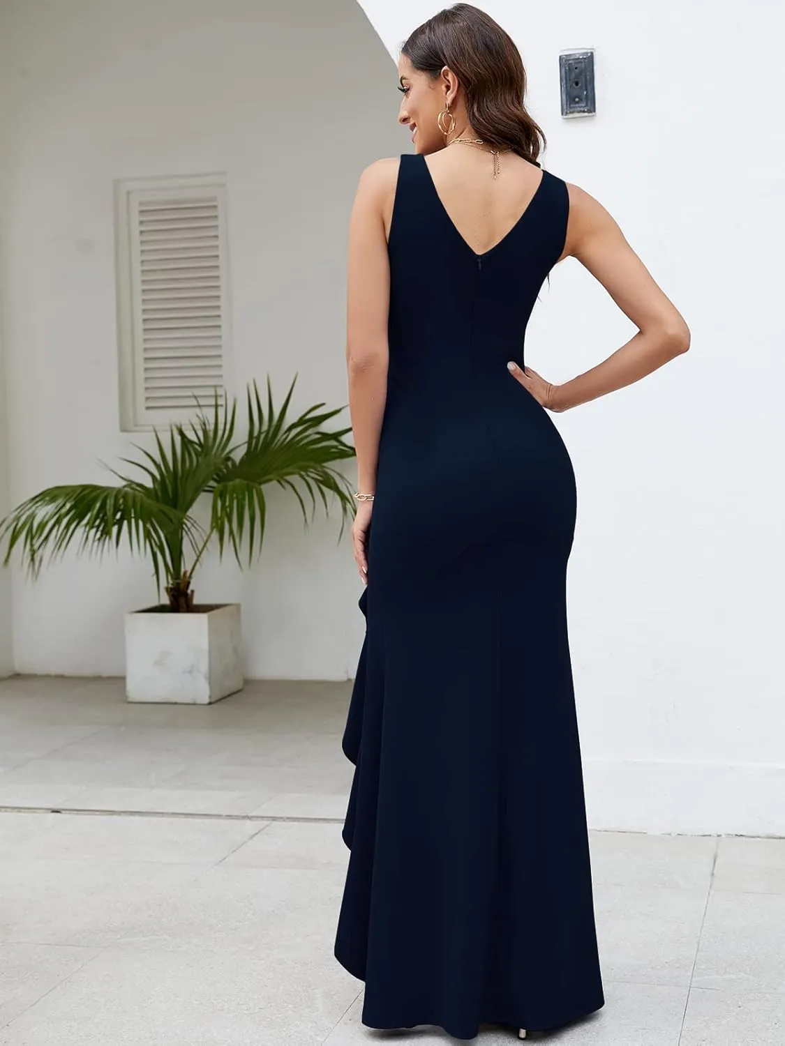 FQA Formal Evening Dresses for Women Elegant Evening Party Prom Dress Long Sexy V Neck Sleeveless Split Wrap