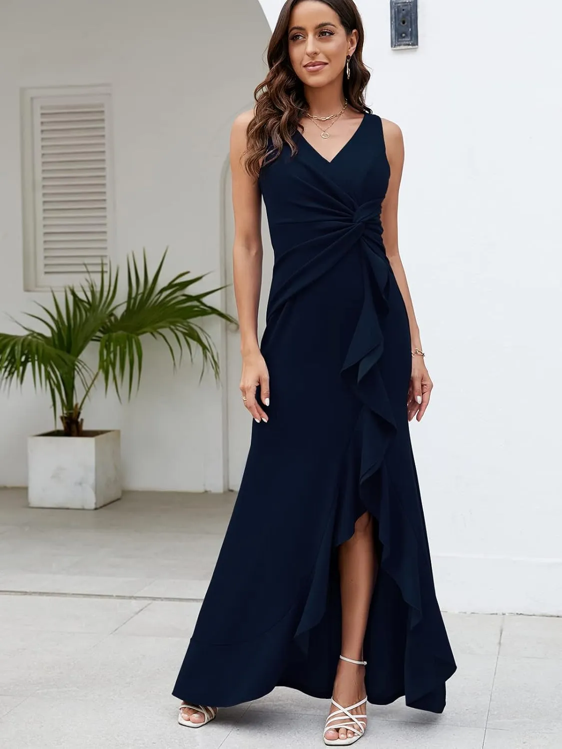 FQA Formal Evening Dresses for Women Elegant Evening Party Prom Dress Long Sexy V Neck Sleeveless Split Wrap