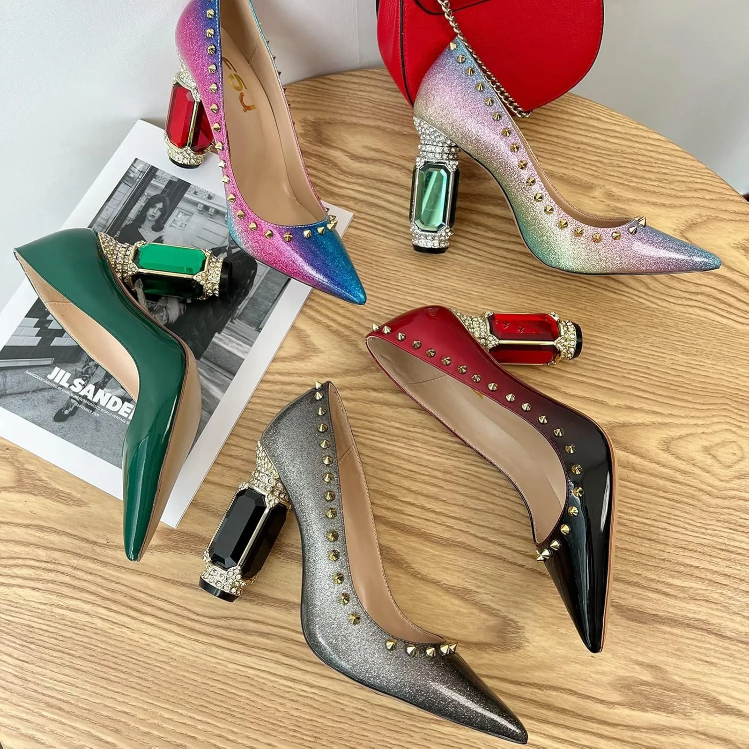 FSJ Women Bridal Pointed Toe Chunky High Heel Crystal Pumps Slip on Wedding Thick Comfort Unique Shoes Size 4-15 US