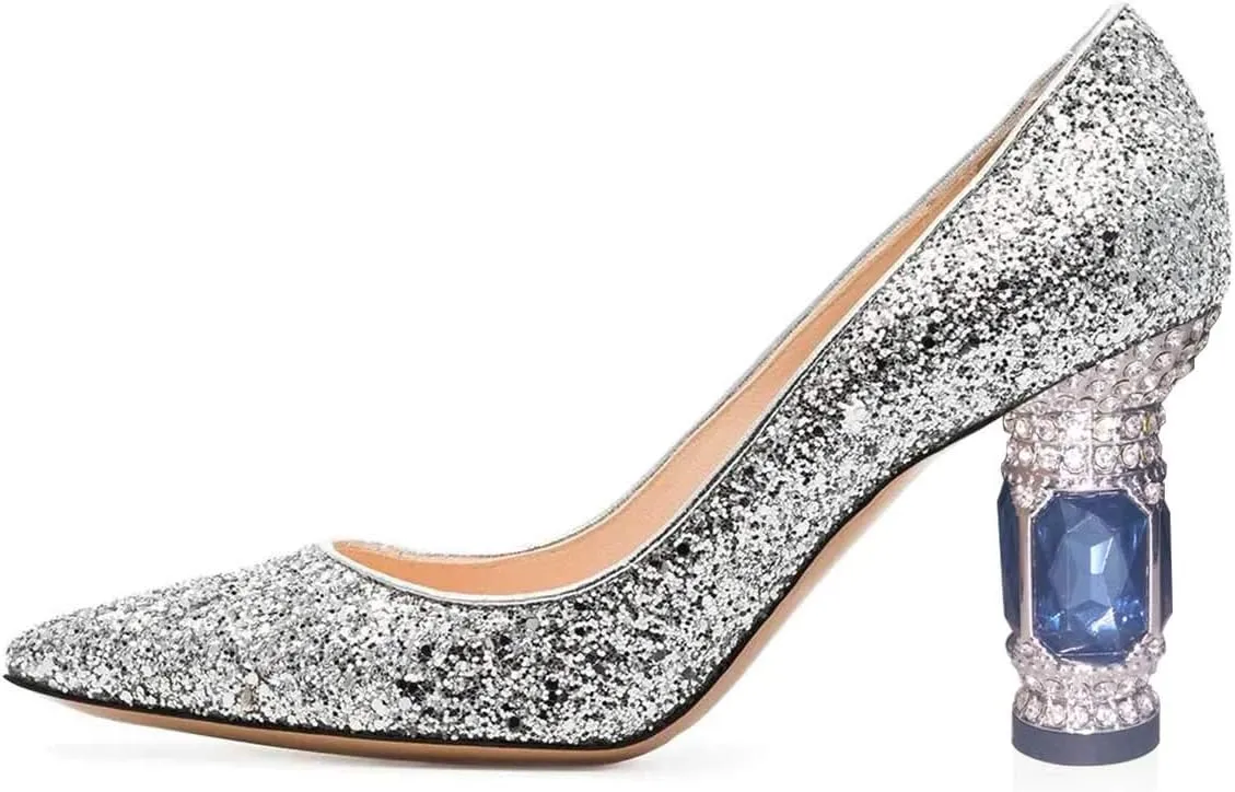 FSJ Women Bridal Pointed Toe Mid Low Heels Crystal Pumps Slip on Comfort Wedding Glitter Shoes