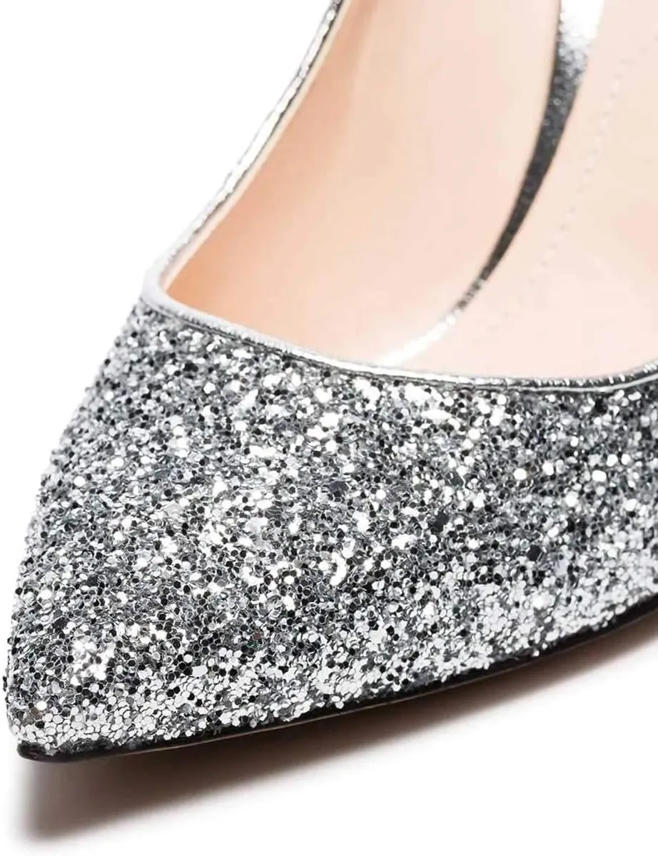FSJ Women Bridal Pointed Toe Mid Low Heels Crystal Pumps Slip on Comfort Wedding Glitter Shoes