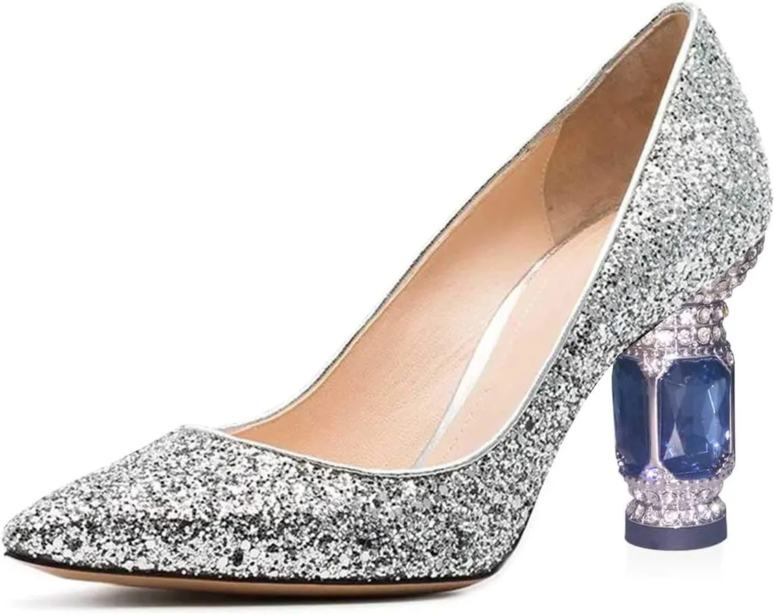 FSJ Women Bridal Pointed Toe Mid Low Heels Crystal Pumps Slip on Comfort Wedding Glitter Shoes