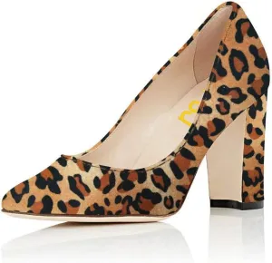 FSJ Women Classic Chunky High Heel Closed Round Almond Toe Slip On Formal Office Pumps Size 4-15 US