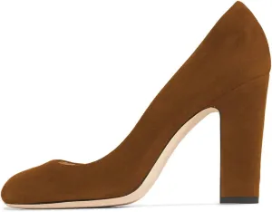 FSJ Women Classic Chunky High Heel Closed Round Almond Toe Slip On Formal Office Pumps Size 4-15 US