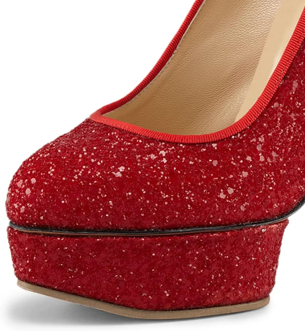 FSJ Women Cute Platform Pumps Suede Patchwork Crystal Chunky Block High Heel Closed Toe Party Prom Dress Shoes Size 4-15 US