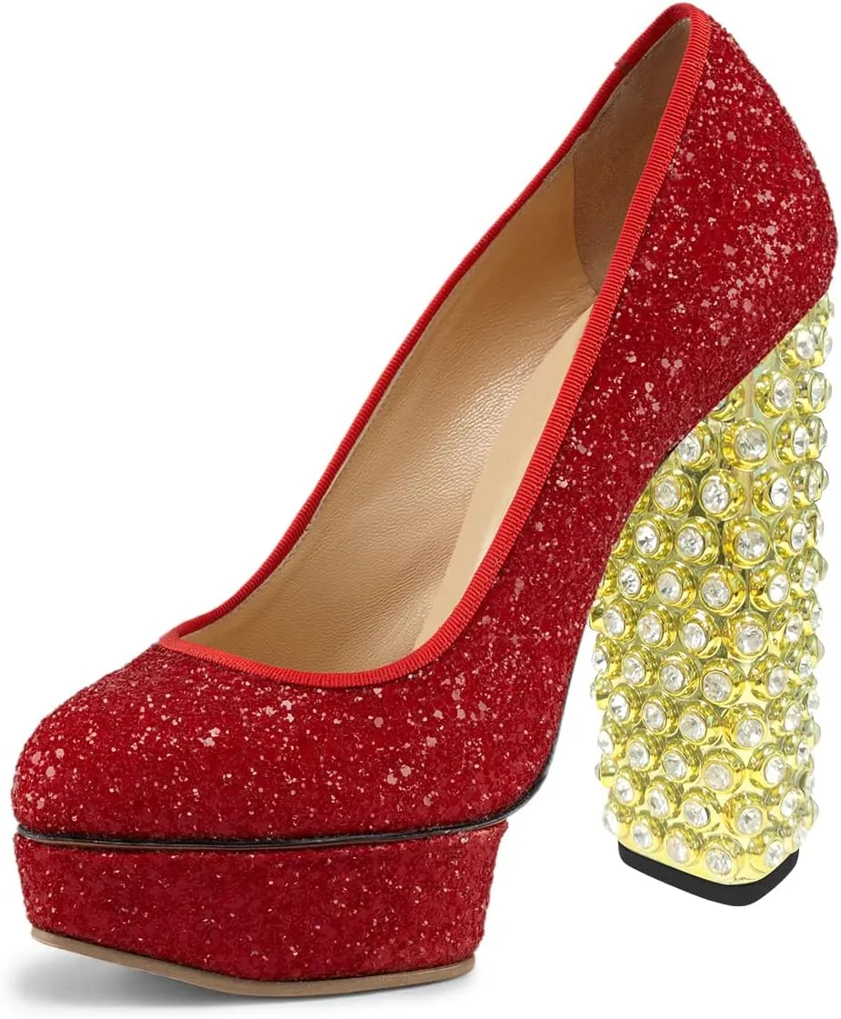 FSJ Women Cute Platform Pumps Suede Patchwork Crystal Chunky Block High Heel Closed Toe Party Prom Dress Shoes Size 4-15 US