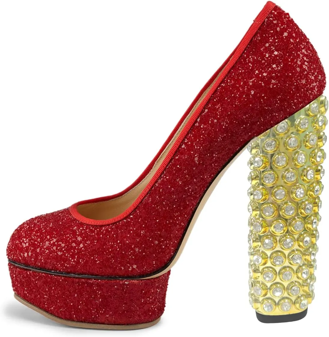 FSJ Women Cute Platform Pumps Suede Patchwork Crystal Chunky Block High Heel Closed Toe Party Prom Dress Shoes Size 4-15 US