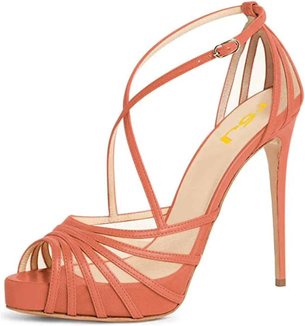 FSJ Women Elegant Peep Toe Crisscross Platform Sandals Ankle Strappy Stiletto High Heel Pumps D'Orsay Wedding Dress Shoes US Size 4-15