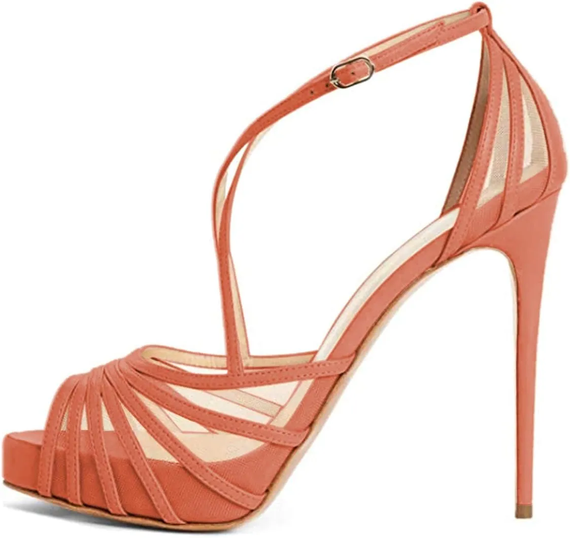 FSJ Women Elegant Peep Toe Crisscross Platform Sandals Ankle Strappy Stiletto High Heel Pumps D'Orsay Wedding Dress Shoes US Size 4-15