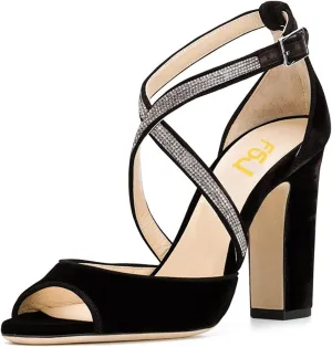 FSJ Women Elegant Peep Toe Sandals Chunky High Heel Pumps Cross Strap Velvet Suede Dress Pumps Size 4-15 US