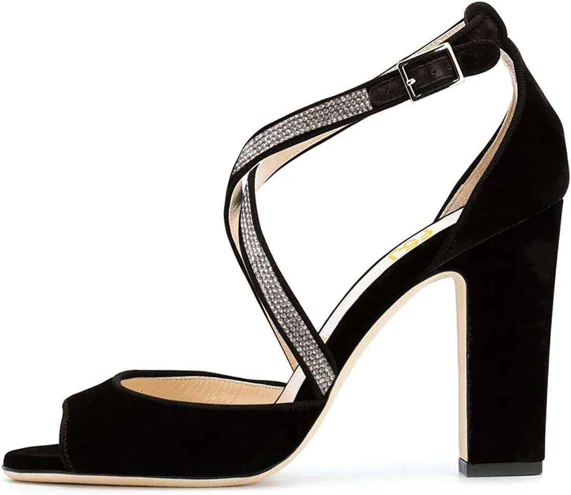FSJ Women Elegant Peep Toe Sandals Chunky High Heel Pumps Cross Strap Velvet Suede Dress Pumps Size 4-15 US