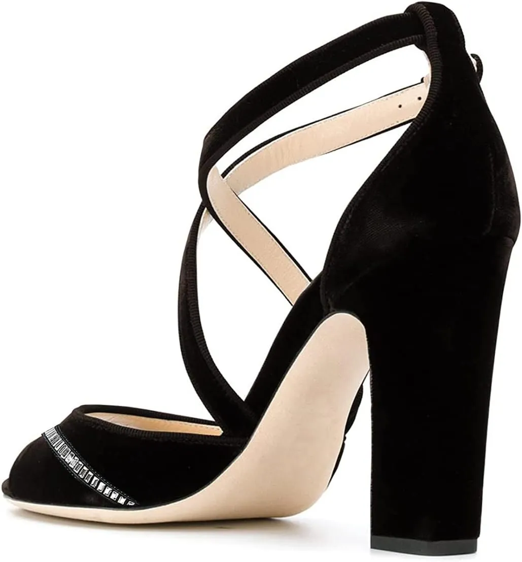 FSJ Women Elegant Peep Toe Sandals Chunky High Heel Pumps Cross Strap Velvet Suede Dress Pumps Size 4-15 US