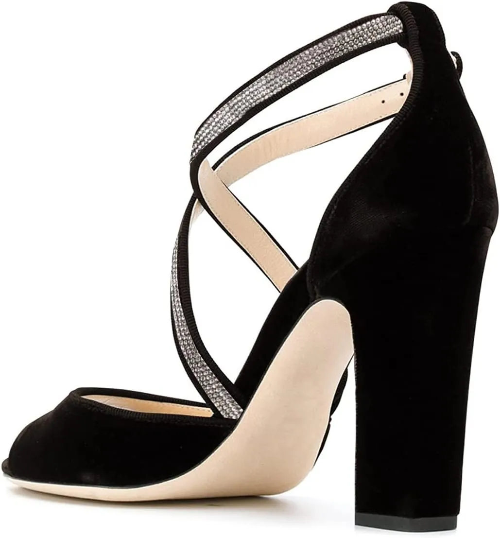 FSJ Women Elegant Peep Toe Sandals Chunky High Heel Pumps Cross Strap Velvet Suede Dress Pumps Size 4-15 US