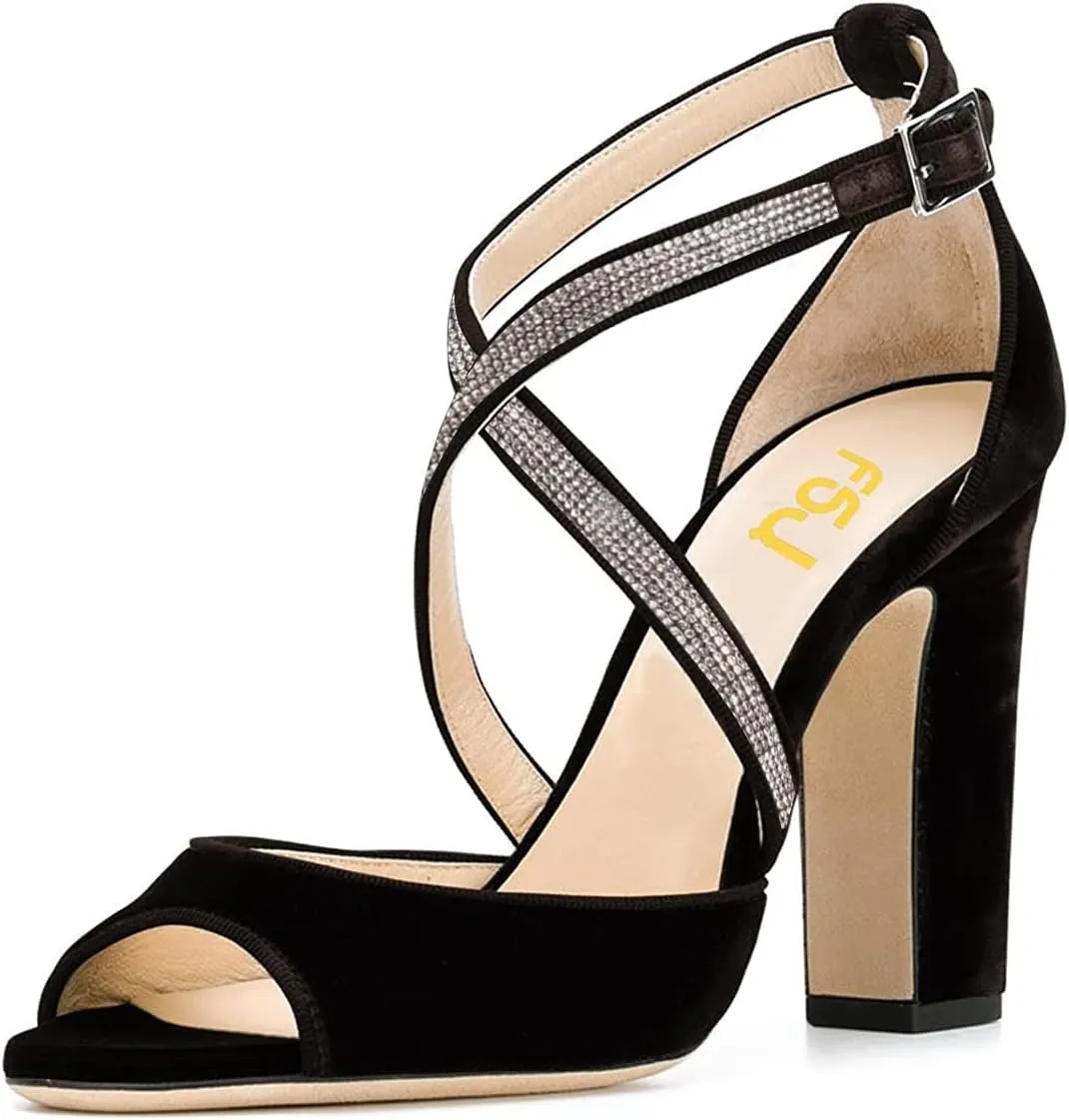 FSJ Women Elegant Peep Toe Sandals Chunky High Heel Pumps Cross Strap Velvet Suede Dress Pumps Size 4-15 US