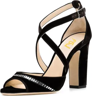 FSJ Women Elegant Peep Toe Sandals Chunky High Heel Pumps Cross Strap Velvet Suede Dress Pumps Size 4-15 US