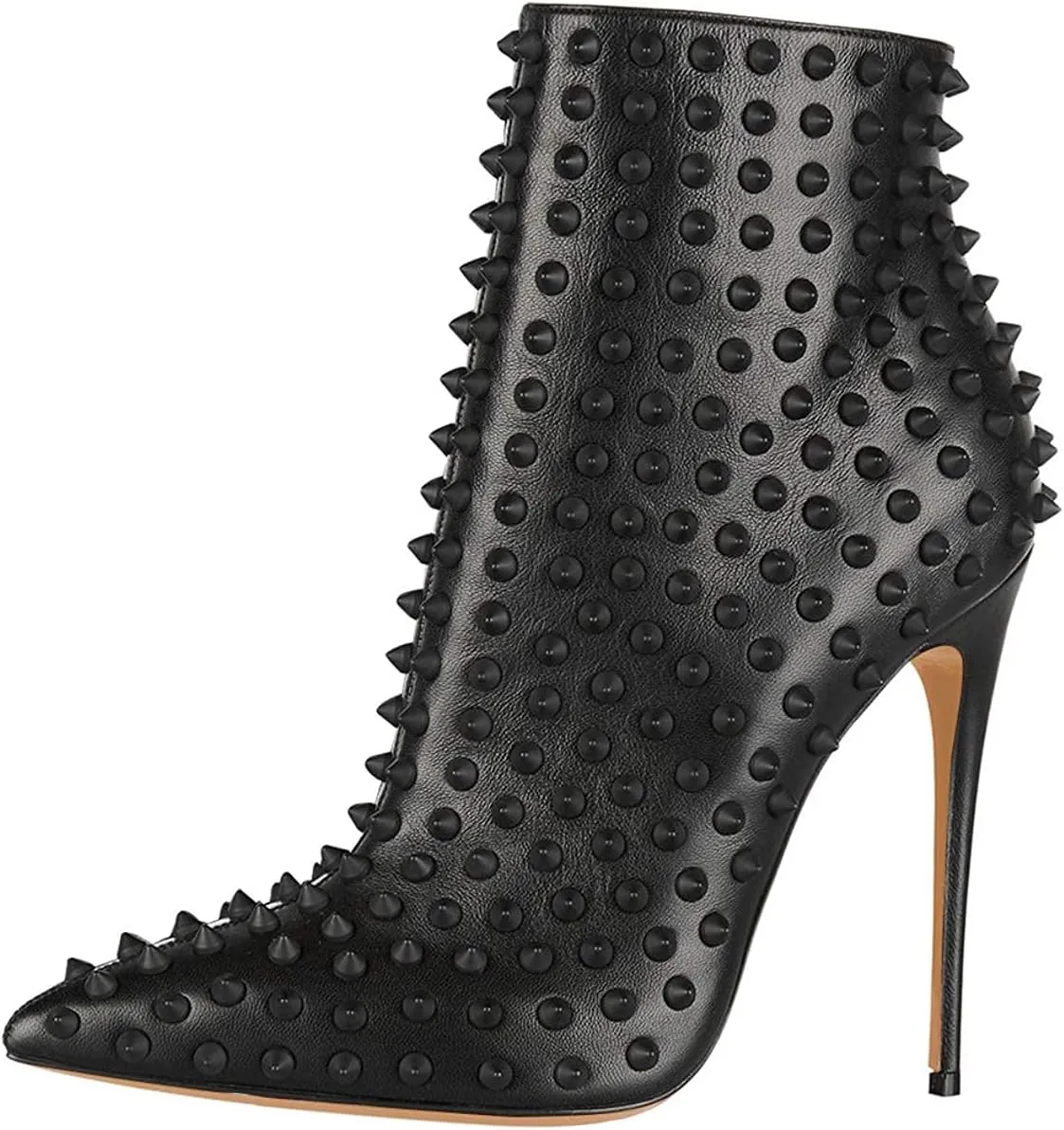 FSJ Women Fashion High Heel Ankle Boots with Rivets Closed Pointed Toe Stilettos Zipper Unique Style Shoes Size 4-15 M US