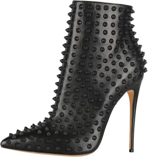 FSJ Women Fashion High Heel Ankle Boots with Rivets Closed Pointed Toe Stilettos Zipper Unique Style Shoes Size 4-15 M US