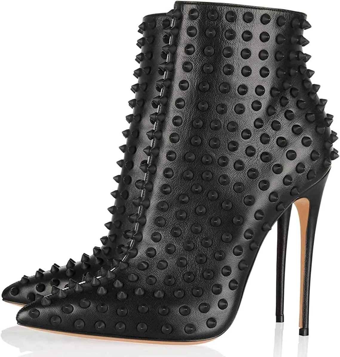 FSJ Women Fashion High Heel Ankle Boots with Rivets Closed Pointed Toe Stilettos Zipper Unique Style Shoes Size 4-15 M US