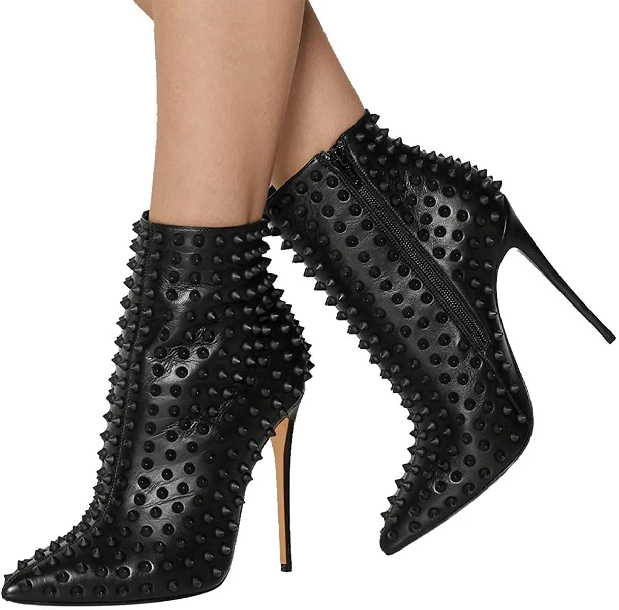 FSJ Women Fashion High Heel Ankle Boots with Rivets Closed Pointed Toe Stilettos Zipper Unique Style Shoes Size 4-15 M US