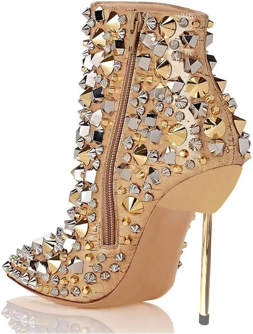 FSJ Women Fashion High Heel Ankle Boots with Rivets Closed Pointed Toe Stilettos Zipper Unique Style Shoes Size 4-15 M US