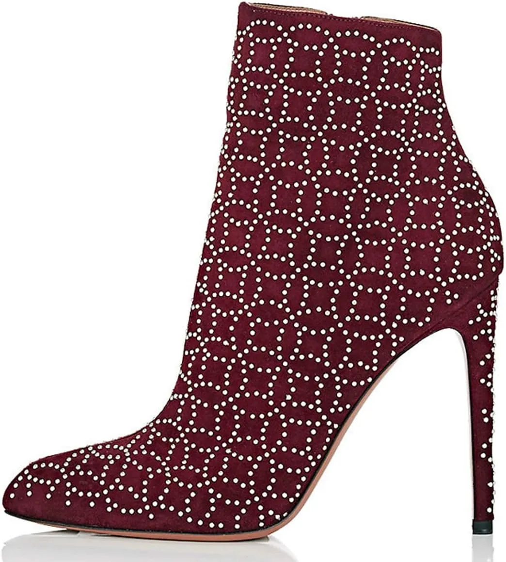 FSJ Women Fashion High Heel Ankle Boots with Rivets Closed Pointed Toe Stilettos Zipper Unique Style Shoes Size 4-15 M US