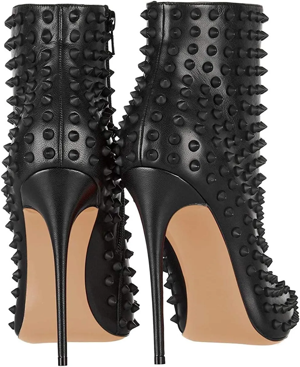 FSJ Women Fashion High Heel Ankle Boots with Rivets Closed Pointed Toe Stilettos Zipper Unique Style Shoes Size 4-15 M US