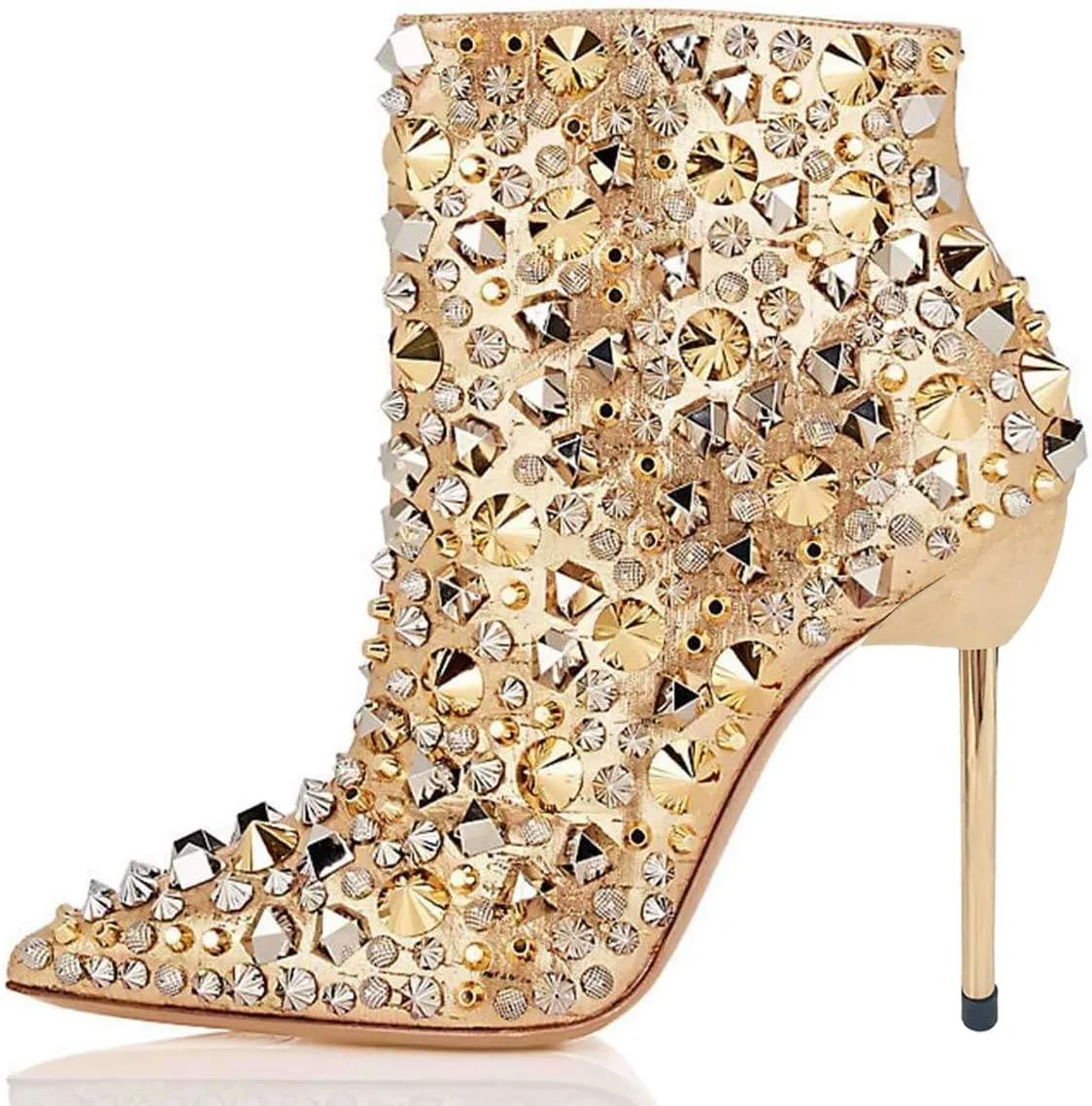FSJ Women Fashion High Heel Ankle Boots with Rivets Closed Pointed Toe Stilettos Zipper Unique Style Shoes Size 4-15 M US