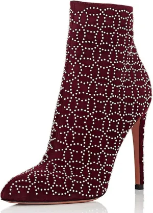 FSJ Women Fashion High Heel Ankle Boots with Rivets Closed Pointed Toe Stilettos Zipper Unique Style Shoes Size 4-15 M US