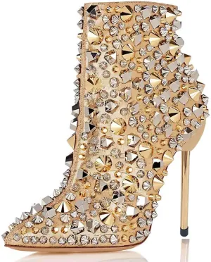 FSJ Women Fashion High Heel Ankle Boots with Rivets Closed Pointed Toe Stilettos Zipper Unique Style Shoes Size 4-15 M US