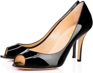 FSJ Women Flattering Peep Toe Party Dress Shoes Glossy Patent Stiletto High Heel Pumps Size 4-15 US