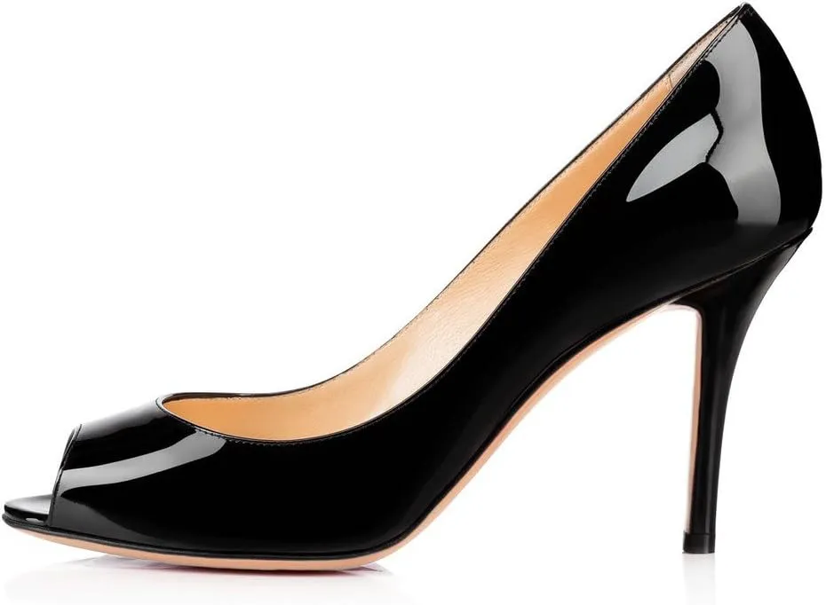 FSJ Women Flattering Peep Toe Party Dress Shoes Glossy Patent Stiletto High Heel Pumps Size 4-15 US