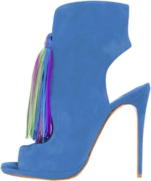 FSJ Women Peep Toe Slingback High Heels Sandals Fringed Ankle Booties Chic Stilettos Tassels Summer Outfits Shoes Size 4-15 US