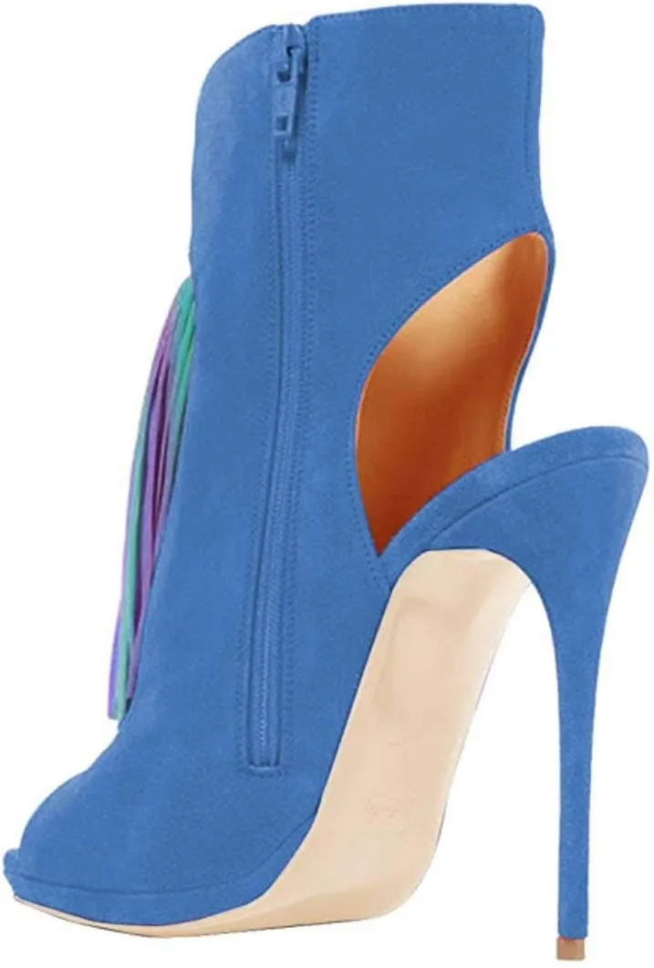 FSJ Women Peep Toe Slingback High Heels Sandals Fringed Ankle Booties Chic Stilettos Tassels Summer Outfits Shoes Size 4-15 US