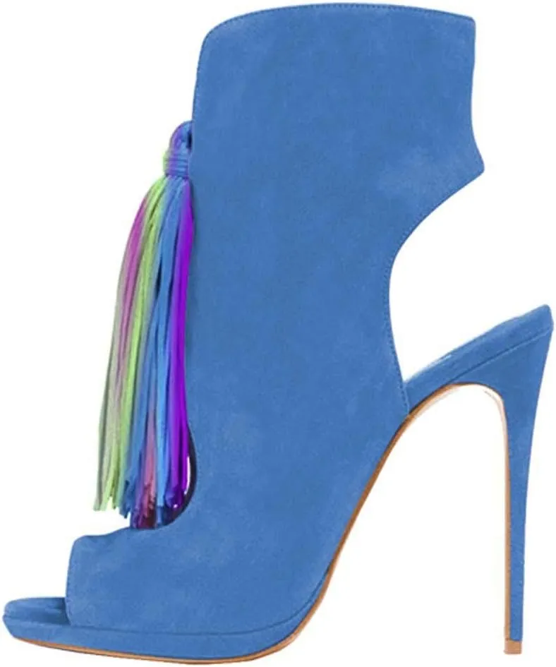 FSJ Women Peep Toe Slingback High Heels Sandals Fringed Ankle Booties Chic Stilettos Tassels Summer Outfits Shoes Size 4-15 US