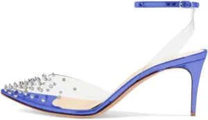 FSJ Women Pencil High Heel Spikes Studded Sandal Slip On D'Orsay Evening Pump Ankle Strap Clear Ballroom Dance Shoe Size 4-15 US