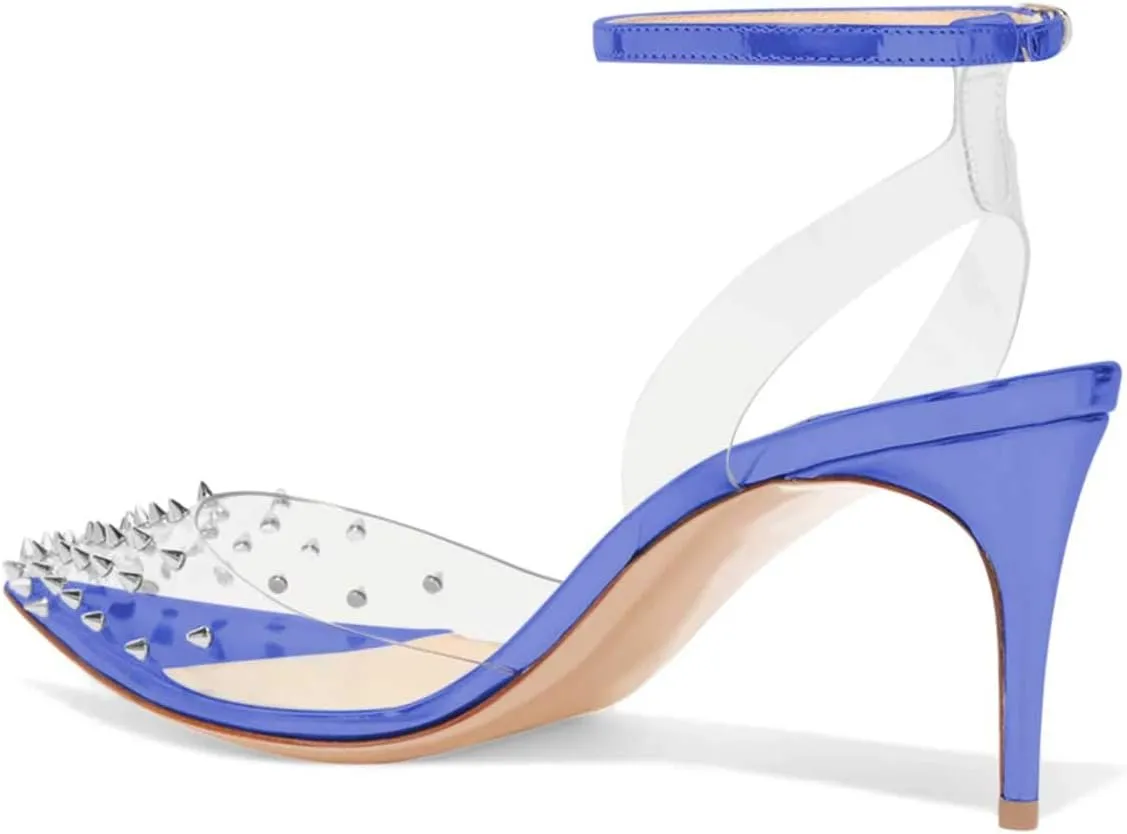 FSJ Women Pencil High Heel Spikes Studded Sandal Slip On D'Orsay Evening Pump Ankle Strap Clear Ballroom Dance Shoe Size 4-15 US