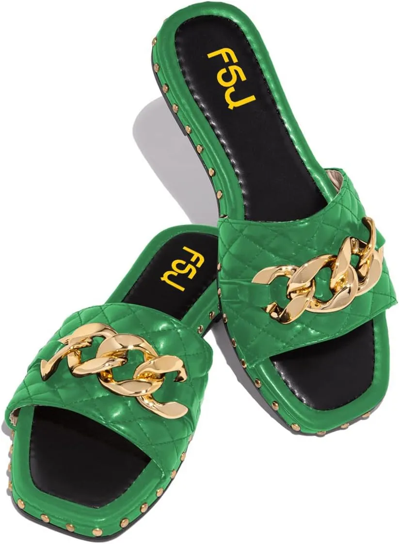 FSJ Women Sexy Square Open Toe Comfortable Flat Thick Sole Cushion Sandals Fashion Gold Chain Style Slip On Slides Checkered Strap Studded Daily Ladies Summer Shoes Size 4-15 US