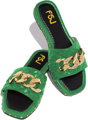 FSJ Women Sexy Square Open Toe Comfortable Flat Thick Sole Cushion Sandals Fashion Gold Chain Style Slip On Slides Checkered Strap Studded Daily Ladies Summer Shoes Size 4-15 US