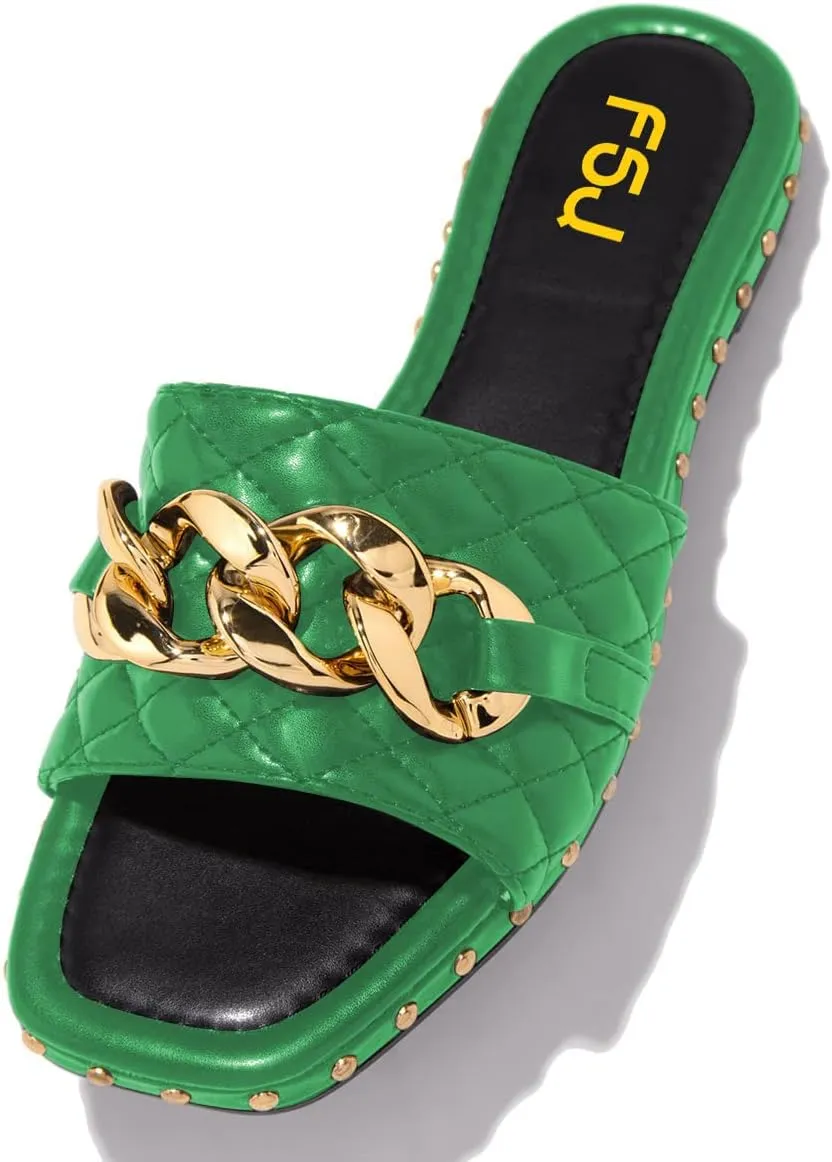 FSJ Women Sexy Square Open Toe Comfortable Flat Thick Sole Cushion Sandals Fashion Gold Chain Style Slip On Slides Checkered Strap Studded Daily Ladies Summer Shoes Size 4-15 US
