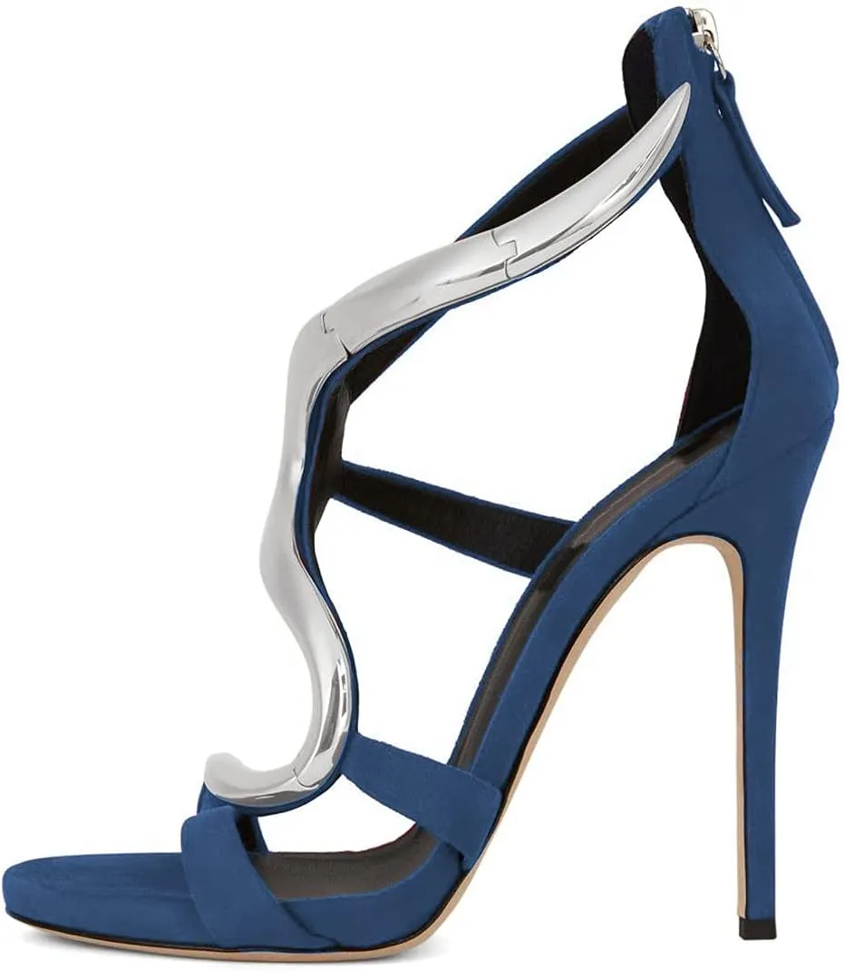 FSJ Women Stiletto High Heels Ankle Strap Sandals Flower Silver Metal Chain Open Toe Zipper Fashion Shoes